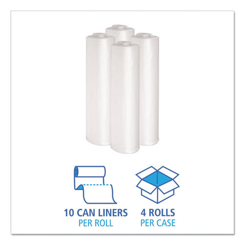 Image of Boardwalk® Recycled Low-Density Polyethylene Can Liners, 33 gal, 1.1 mil, 33" x 39", Clear, Perforated, 10 Bags/Roll, 10 Rolls/Carton