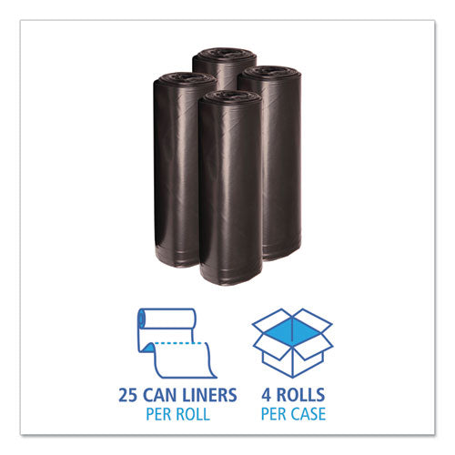 Image of Boardwalk® Recycled Low-Density Polyethylene Can Liners, 60 gal, 1.2 mil, 38" x 58", Black, Perforated, 10 Bags/Roll, 10 Rolls/Carton