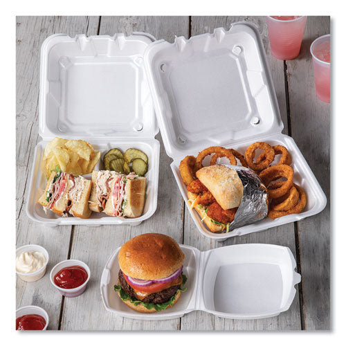 Image of Pactiv Evergreen Vented Foam Hinged Lid Container, Dual Tab Lock, 3 Compartments, 8.42 x 8.15 x 3, White, 150/Carton