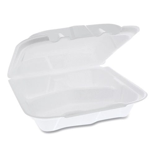 Image of Pactiv Evergreen Vented Foam Hinged Lid Container, Dual Tab Lock, 3 Compartments, 8.42 x 8.15 x 3, White, 150/Carton