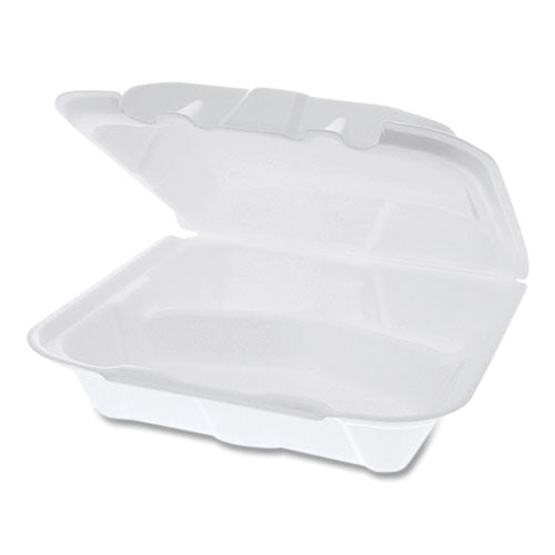 Image of Pactiv Evergreen Vented Foam Hinged Lid Container, Dual Tab Lock, 3 Compartments, 8.42 x 8.15 x 3, White, 150/Carton