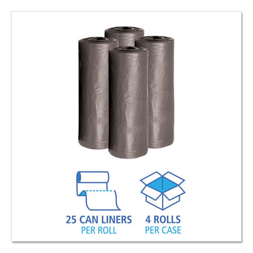 Image of Boardwalk® Low-Density Waste Can Liners, 30 gal, 0.95 mil, 30" x 36", Gray, Perforated Roll, 25 Bags/Roll, 4 Rolls/Carton