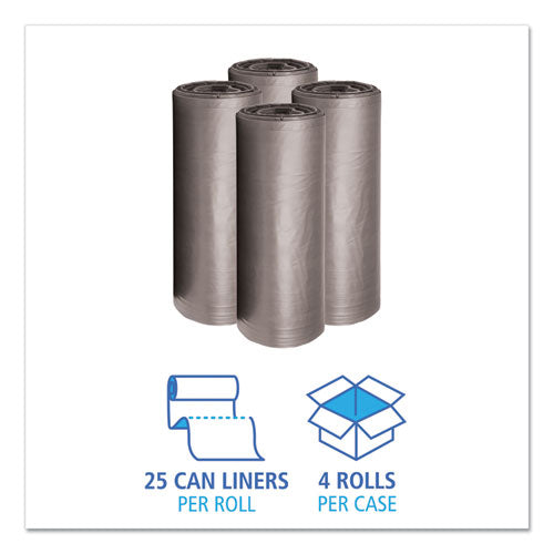 Image of Boardwalk® Low-Density Waste Can Liners, 60 gal, 0.95 mil, 38" x 58", Gray, Perforated Roll, 25 Bags/Roll, 4 Rolls/Carton