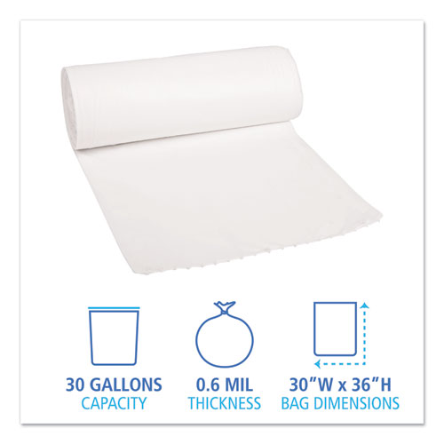 Image of Boardwalk® Low-Density Waste Can Liners, 30 gal, 0.6 mil, 30" x 36", White, Perforated Roll, 25 Bags/Roll, 8 Rolls/Carton