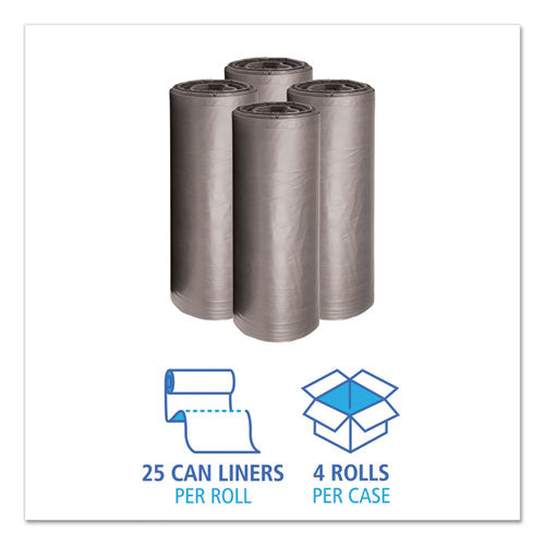Image of Boardwalk® Low-Density Waste Can Liners, 45 gal, 0.95 mil, 40" x 46", Gray, Perforated Roll, 25 Bags/Roll, 4 Rolls/Carton