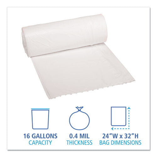 Image of Boardwalk® Low-Density Waste Can Liners, 16 gal, 0.4 mil, 24" x 32", White, Perforated Roll, 25 Bags/Roll, 20 Rolls/Carton