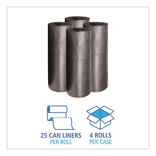 Image of Boardwalk® Low-Density Waste Can Liners, 60 gal, 0.65 mil, 38" x 58", Black, Perforated Roll, 25 Bags/Roll, 4 Rolls/Carton