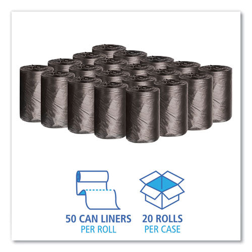 Image of Boardwalk® Low-Density Waste Can Liners, 4 gal, 0.35 mil, 17" x 17", Black, Perforated Roll, 50 Bags/Roll, 20 Rolls/Carton