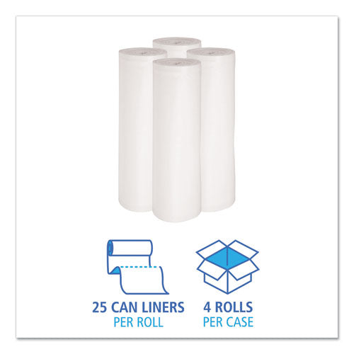 Image of Boardwalk® Low-Density Waste Can Liners, 60 gal, 0.6 mil, 38" x 58", White, Perforated Roll, 25 Bags/Roll, 4 Rolls/Carton