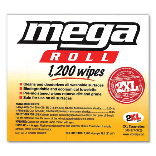 Image of 2XL Gym Wipes Mega Roll Refill, 8 x 8, Unscented, White, 1,200/Roll, 2 Rolls/Carton