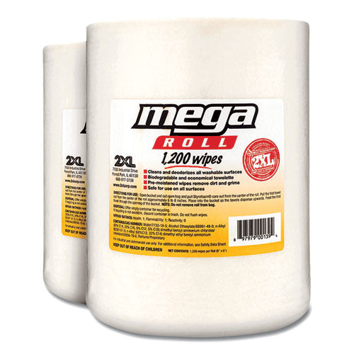 Image of 2XL Gym Wipes Mega Roll Refill, 8 x 8, Unscented, White, 1,200/Roll, 2 Rolls/Carton