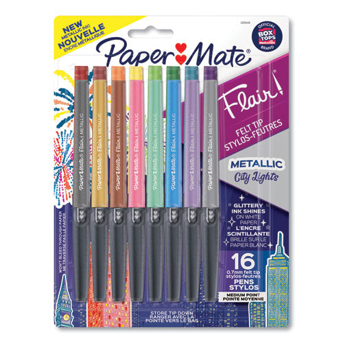 Image of Paper Mate® Flair Metallic Porous Point Pen, Stick, Medium 0.7 Mm, Assorted Ink And Barrel Colors, 16/pack