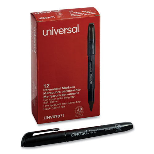 Image of Universal Pen-Style Permanent Marker, Fine Bullet Tip, Black, Dozen