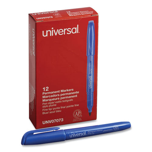 Image of Universal Pen-Style Permanent Marker, Fine Bullet Tip, Blue, Dozen