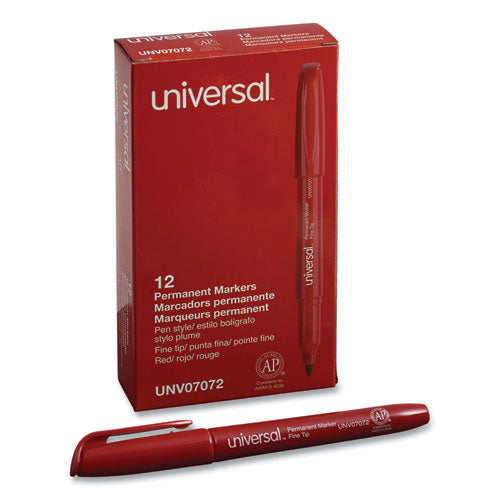 Image of Universal Pen-Style Permanent Marker, Fine Bullet Tip, Red, Dozen