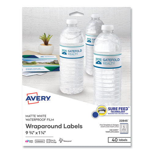 Image of Avery® Water-Resistant Wraparound Labels w/ Sure Feed, 9.75 x 1.25, White, 40/Pack