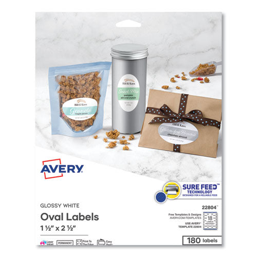 Image of Avery® Oval Labels with Sure Feed and Easy Peel, 1.5 x 2.5, Glossy White, 180/Pack