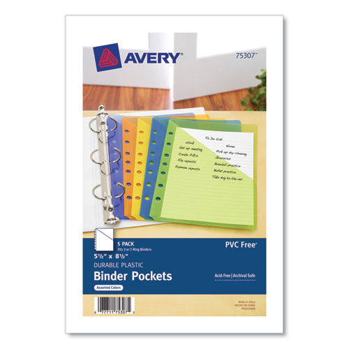 Image of Avery® Small Binder Pockets, Standard, 7-Hole Punched, Assorted, 9.25 x 5.5, 5/Pack