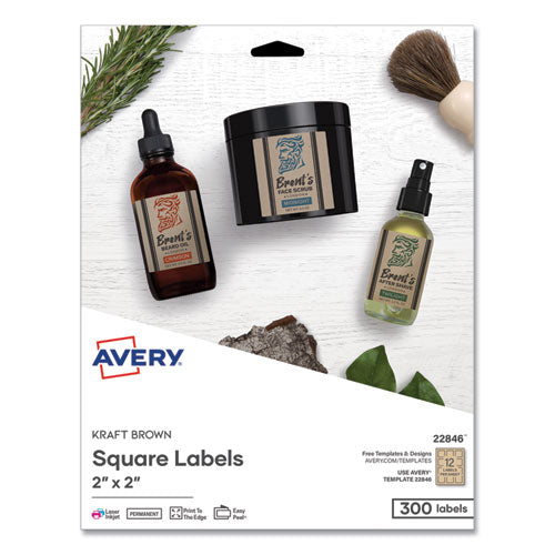 Image of Avery® Square Print-To-The-Edge Labels, Inkjet/laser Printers, 2 X 2, Kraft Brown, 12/sheet, 25 Sheets/pack