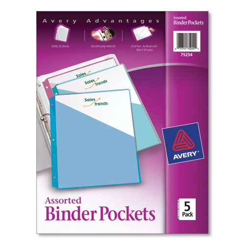 Image of Avery® Binder Pockets, 3-Hole Punched, 9.25 x 11, Assorted Colors, 5/Pack