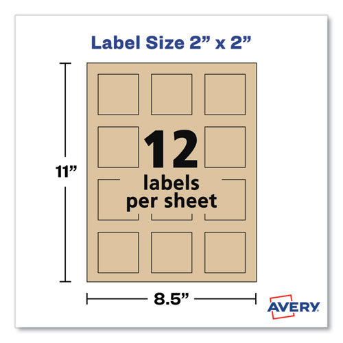 Image of Avery® Square Print-To-The-Edge Labels, Inkjet/laser Printers, 2 X 2, Kraft Brown, 12/sheet, 25 Sheets/pack
