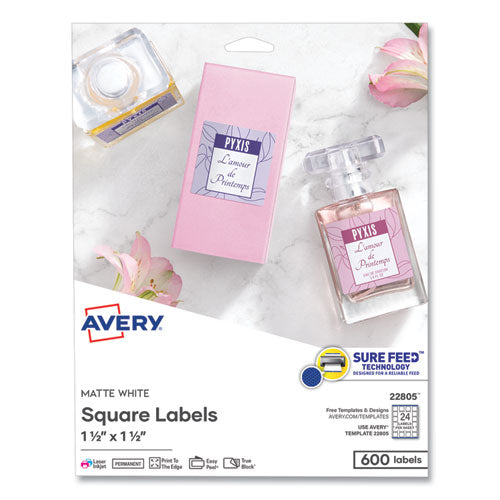 Image of Avery® Square Labels with Sure Feed and TrueBlock, 1.5 x 1.5, White, 600/Pack