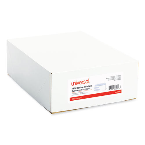 Image of Universal® Double Window Business Envelope, #8 5/8, Commercial Flap, Gummed Closure, 3.63 x 8.63, White, 500/Box