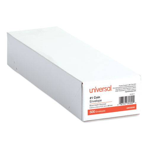 Image of Universal® Kraft Coin Envelope, #1, Round Flap, Gummed Closure, 2.25 X 3.5, Light Brown Kraft, 500/box