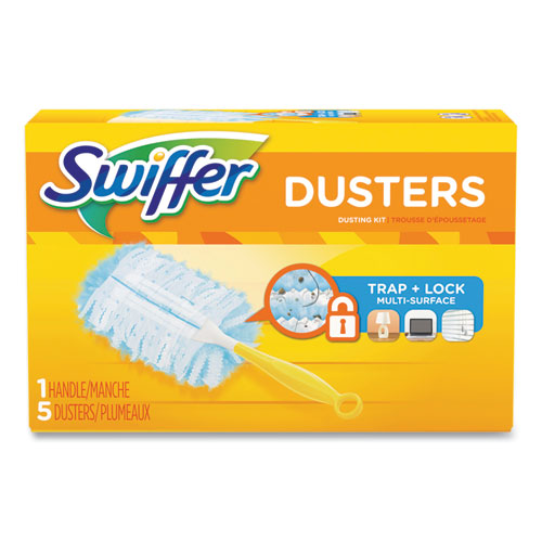 Image of Swiffer® Dusters Starter Kit, Dust Lock Fiber, 6" Handle, Blue/yellow, 6/carton