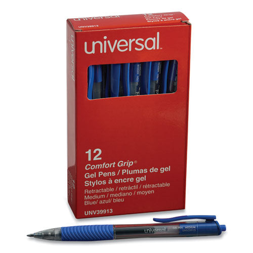 Image of Universal Comfort Grip Gel Pen, Retractable, Medium 0.7 mm, Blue Ink, Clear/Blue Barrel, Dozen