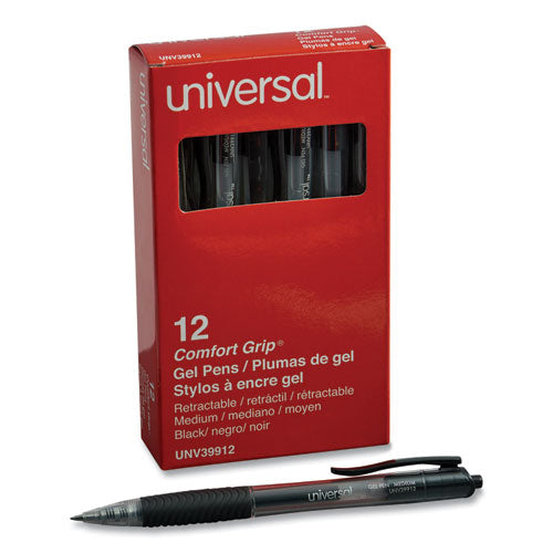 Image of Universal Comfort Grip Gel Pen, Retractable, Medium 0.7 mm, Black Ink, Clear/Black Barrel, Dozen