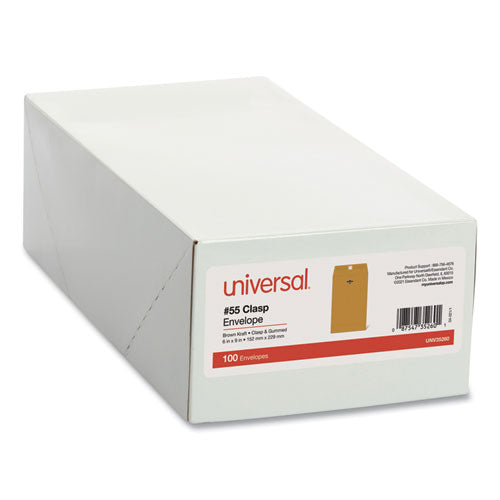 Image of Universal® Kraft Clasp Envelope, #55, Square Flap, Clasp/Gummed Closure, 6 x 9, Brown Kraft, 100/Box