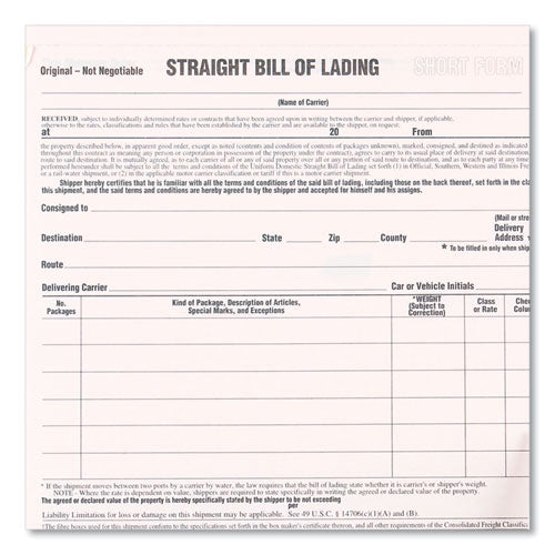Image of Rediform® Snap-A-Way Bill of Lading, Short Form, Three-Part Carbonless, 7 x 8.5, 250 Forms Total