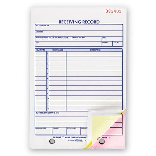 Image of Rediform® Receiving Record Book, Three-Part Carbonless, 5.56 x 7.94, 50 Forms Total