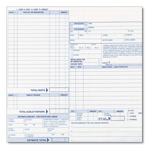 Image of Rediform® Speediset Four-Part Auto Repair Form, Four-Part Carbonless, 11 x 8.5, 50 Forms Total
