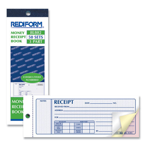 Image of Rediform® Receipt Book, Three-Part Carbonless, 7 x 2.75, 4 Forms/Sheet, 50 Forms Total