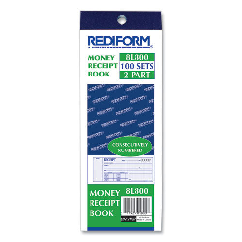 Image of Rediform® Receipt Book, Two-Part Carbonless, 7 x 2.75, 4 Forms/Sheet, 100 Forms Total