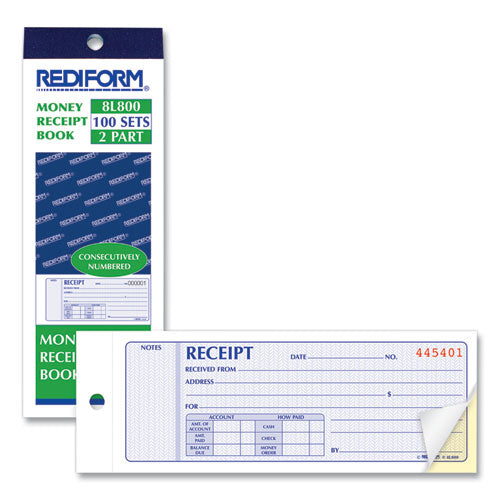 Image of Rediform® Receipt Book, Two-Part Carbonless, 7 x 2.75, 4 Forms/Sheet, 100 Forms Total