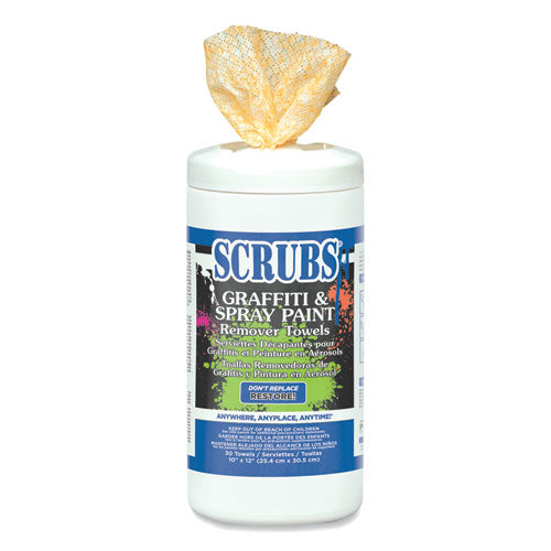 Image of SCRUBS® Graffiti and Paint Remover Towels, Citrus, 10 x 12, Neutral Scent, White/Orange, 30/Canister, 6 Canisters/Carton