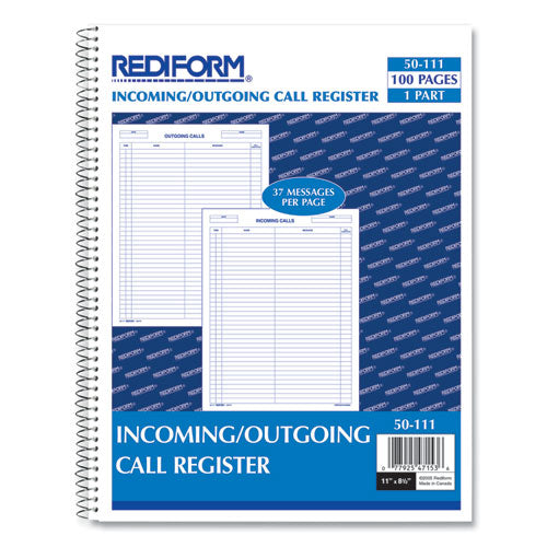 Image of Rediform® Wirebound Call Register, One-Part (No Copies), 11 x 8.5, 100 Forms Total