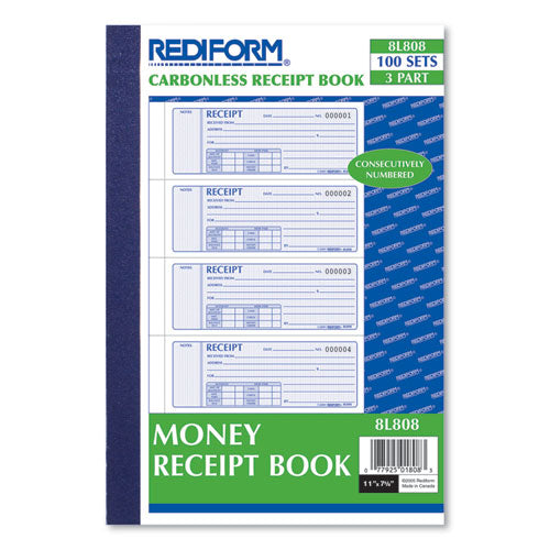 Image of Rediform® Money Receipt Book, Softcover, Three-Part Carbonless, 7 x 2.75, 4 Forms/Sheet, 100 Forms Total