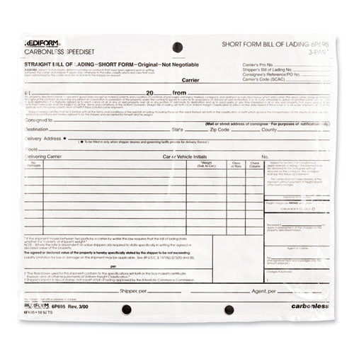 Image of Rediform® Speediset Bill of Lading, Short Form, Three-Part Carbonless, 7 x 8.5, 50 Forms Total