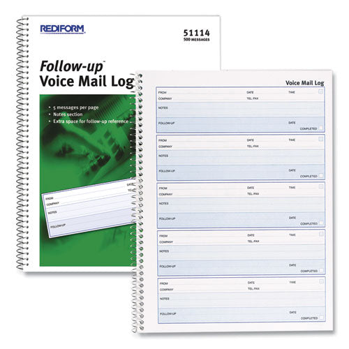 Image of Rediform® Follow-up Wirebound Voice Mail Log Book, One-Part (No Copies), 7.5 x 2, 5 Forms/Sheet, 500 Forms Total