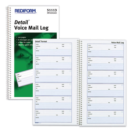 Image of Rediform® Detail Wirebound Voice Mail Log Book, One-Part (No Copies), 5 x 1.63, 6 Forms/Sheet, 600 Forms Total