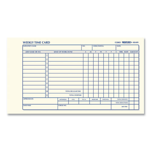 Image of Rediform® Weekly Employee Time Cards, One Side, 4.25 X 7, 100/pad