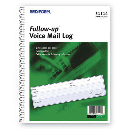 Image of Rediform® Follow-up Wirebound Voice Mail Log Book, One-Part (No Copies), 7.5 x 2, 5 Forms/Sheet, 500 Forms Total