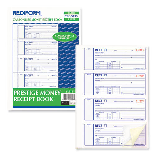 Image of Rediform® Money Receipt Book, Hardcover, Three-Part Carbonless, 7 x 2.75, 4 Forms/Sheet, 200 Forms Total