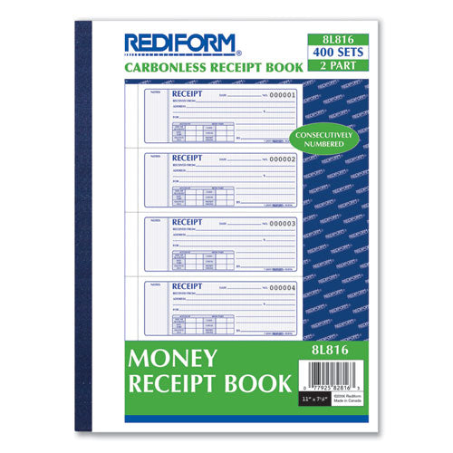 Image of Rediform® Receipt Book, Two-Part Carbonless, 7 x 2.75, 4 Forms/Sheet, 400 Forms Total