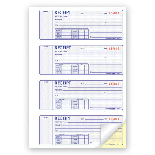 Image of Rediform® Receipt Book, Two-Part Carbonless, 7 x 2.75, 4 Forms/Sheet, 400 Forms Total