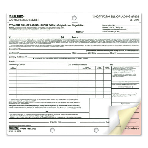 Image of Rediform® Speediset Bill of Lading, Short Form, Three-Part Carbonless, 7 x 8.5, 50 Forms Total